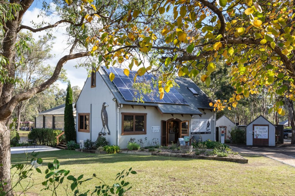 Gartelmann Wines cellar door building shot through Autumn leaves